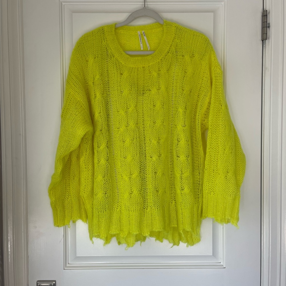Anthropologie "Posey" Neon Sweater, Open Weave Cable, Crew, Wool-Blend, Like New